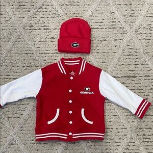 Creative knitwear Red and White Georgia Varsity Jacket and Beanie Set size 12 m